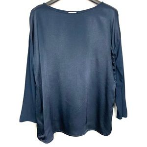 J. Jill Satin Front Top Women’s Size M Knit Sleeves and Back Boat Neck Navy Blue